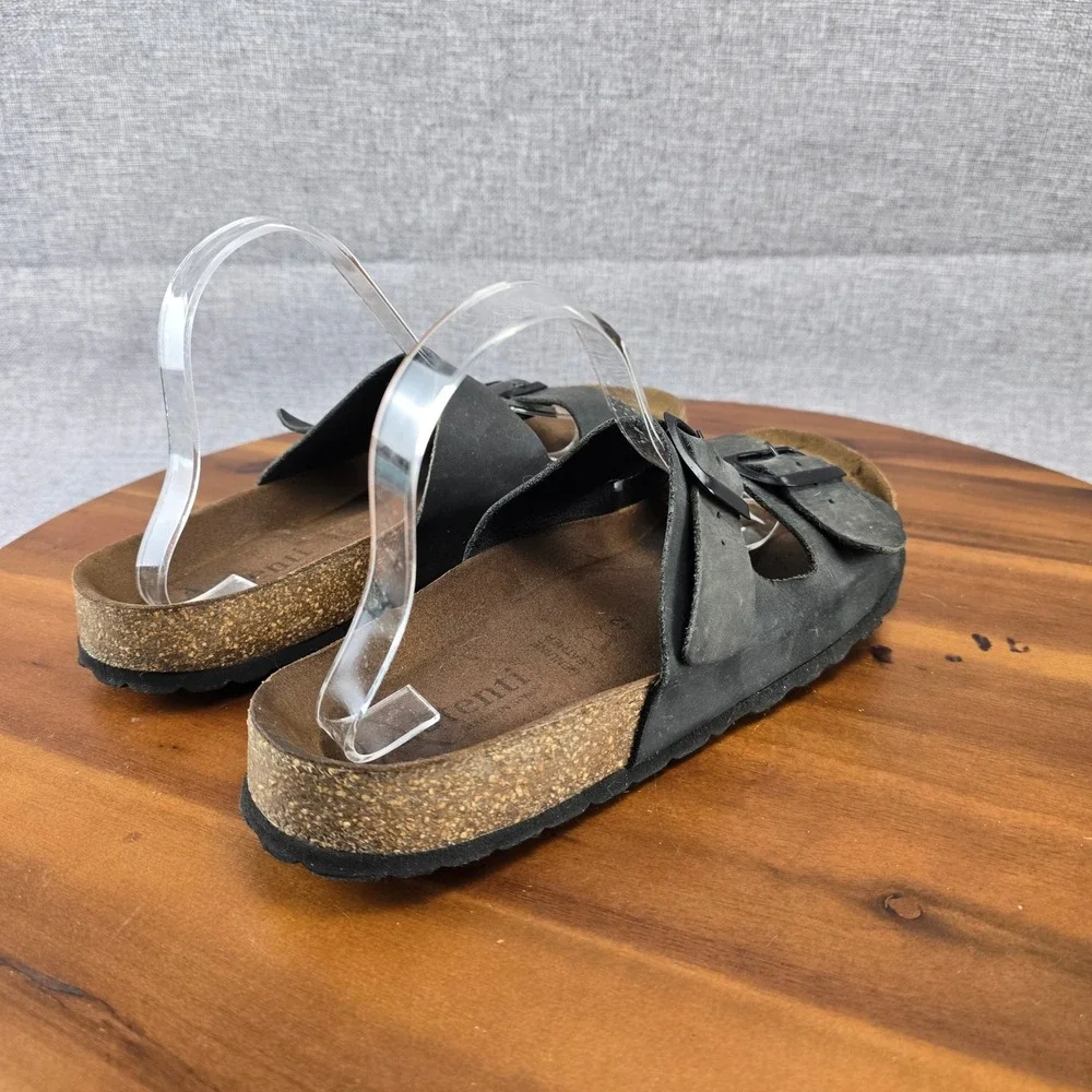 Aurenti Genuine Leather Black Double Strap Buckle Cork Footbed SlideSandals SZ11